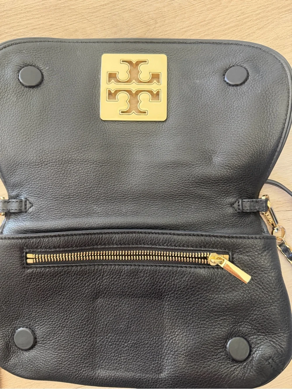 Tory Burch Amanda Black Leather Clutch with Gold Logo